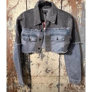 NWT PrettyLittleThing Washed Gray Double Layered Denim Cropped Jean Jacket 2 XS